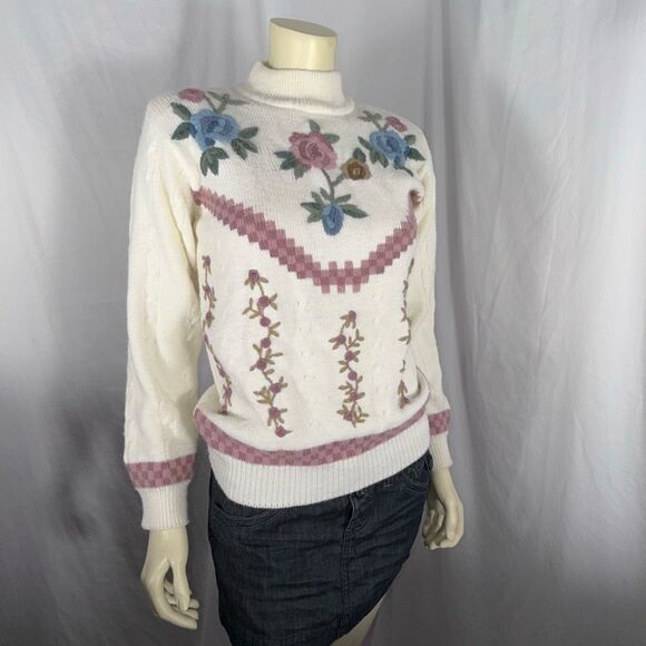Vintage Alfred Dunner Floral Embroidered Sweater Cream Mock Neck Made in Hong Ko - Picture 11 of 16
